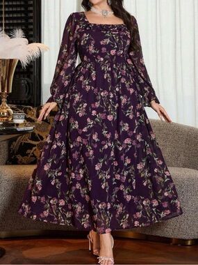 SHEIN Purple Floral Square Neck Long Sleeve Maxi Dress